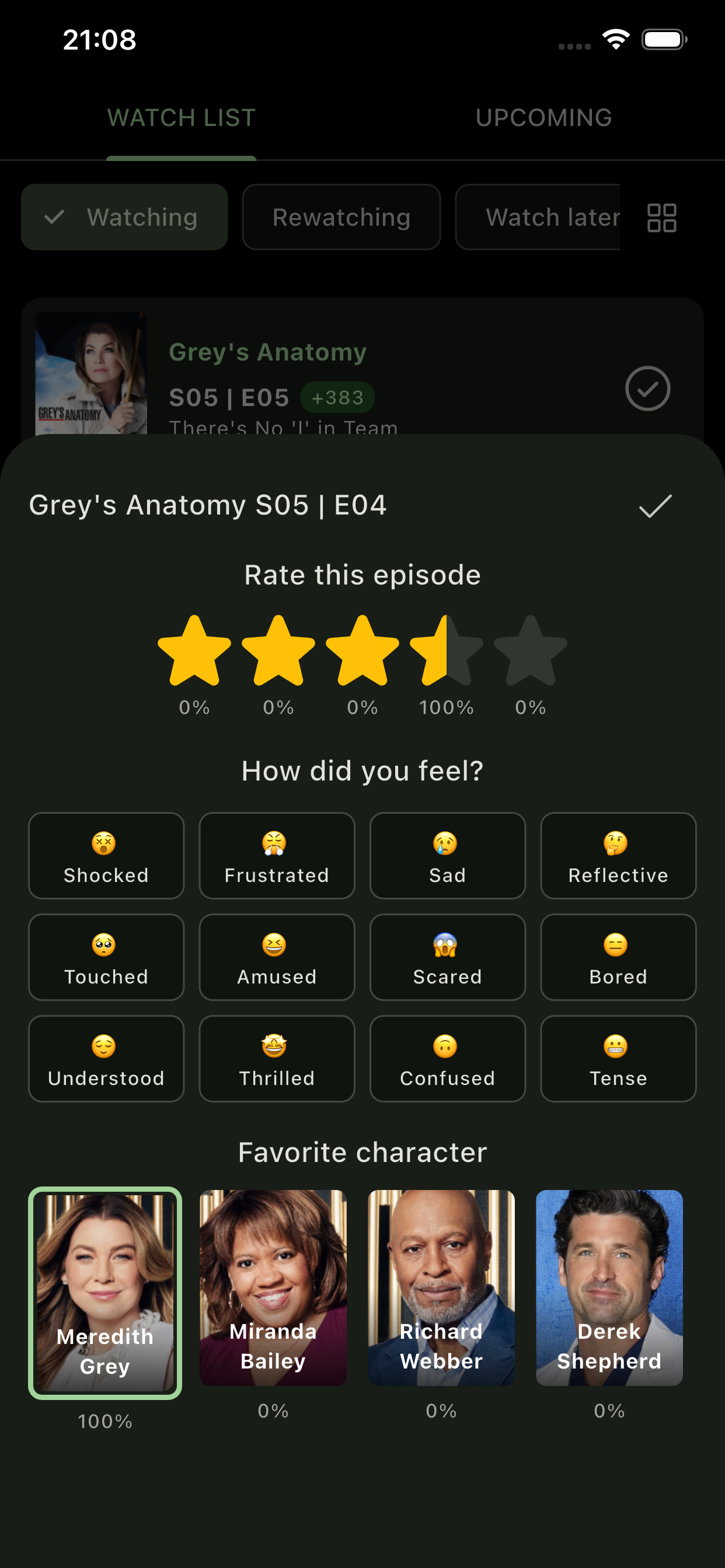Rating an episode with stars, feelings and a favorite character vote
