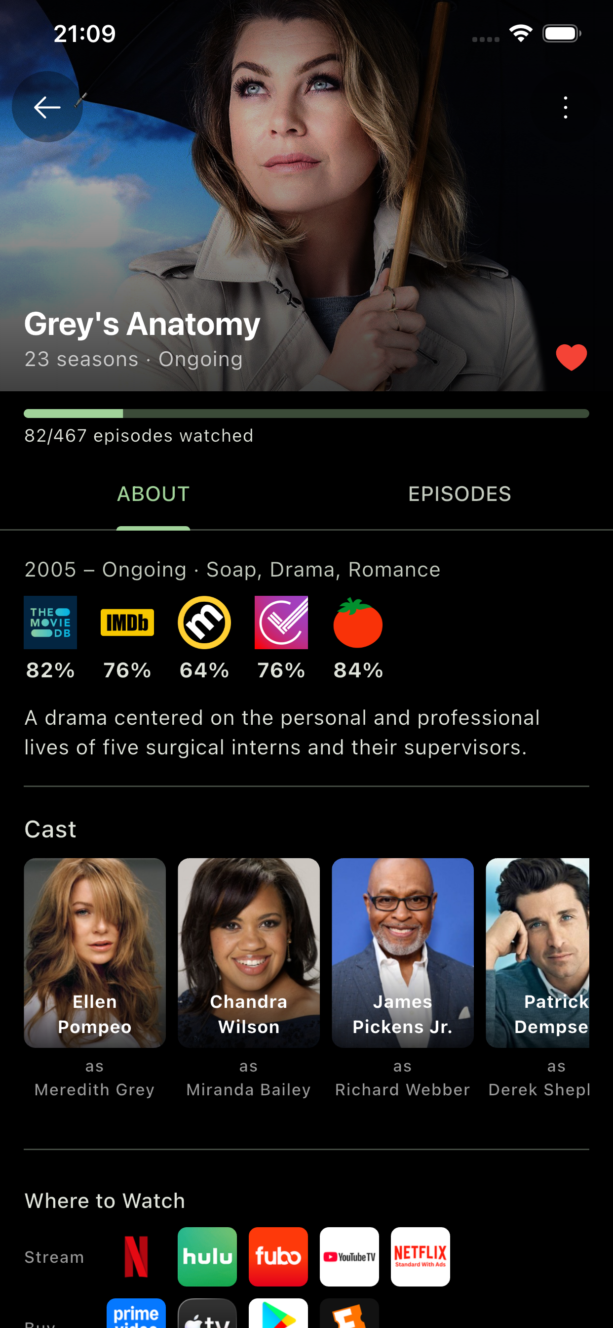 Show detail page with progress, ratings from multiple sources, cast and where to watch